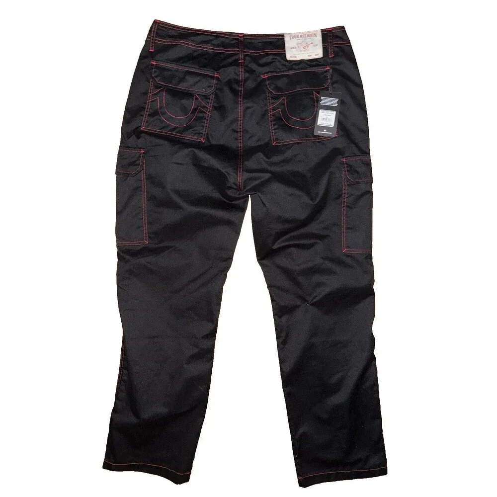 True Religion Men's Jet Black Cargo Pants with Red Contrast Stitch Size 36 NWT